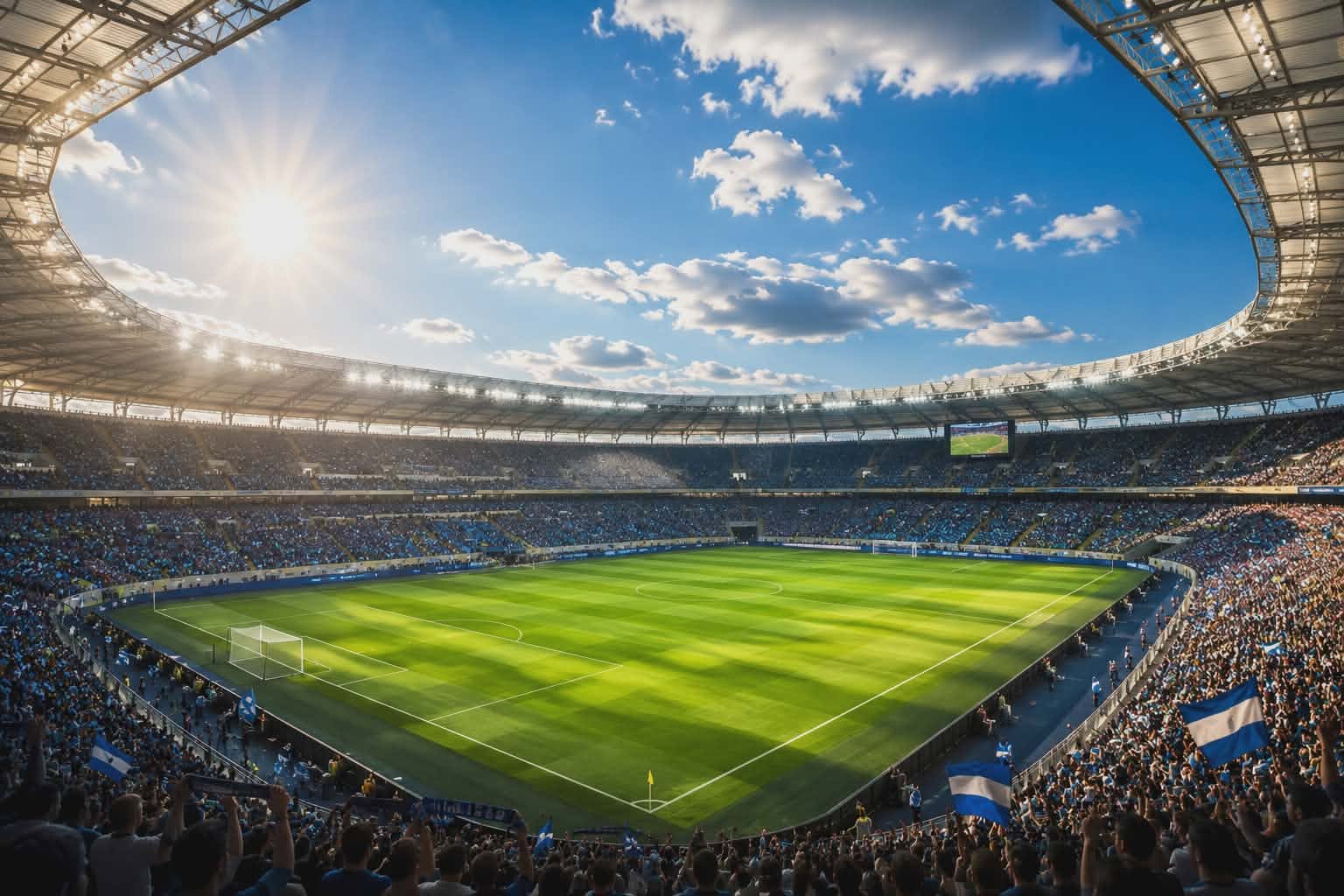 Wypełniony stadion piłkarski w słoneczny dzień